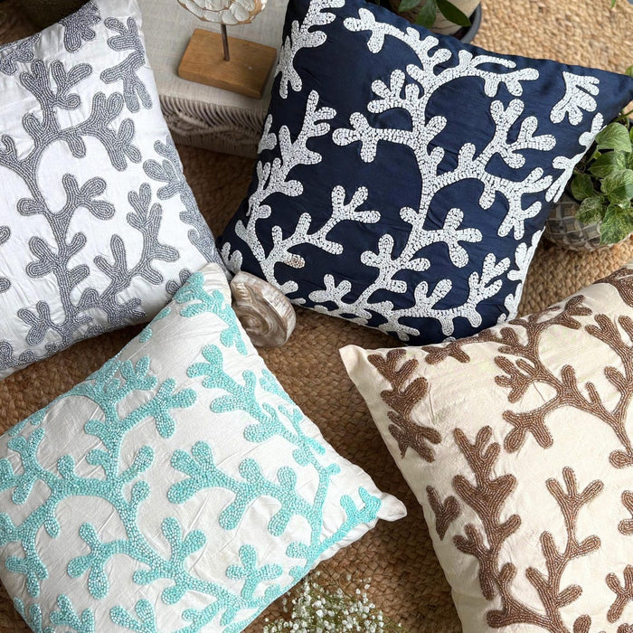 Sea Weeds - Aqua Blue & White Art Silk Decorative Euro Sham