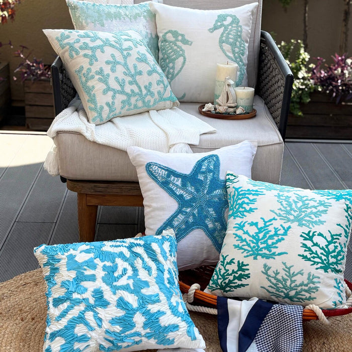 Sea Weeds - Aqua Blue & White Art Silk Decorative Euro Sham