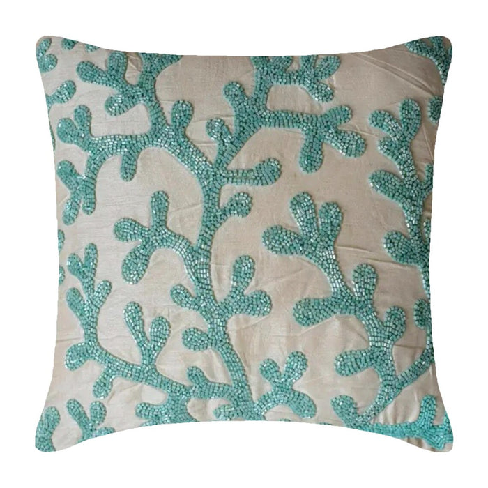 Sea Weeds - Aqua Blue & White Art Silk Decorative Euro Sham