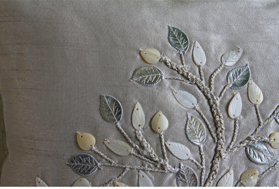 Silver Leaf - Silver Beige Art Silk Decorative Euro Sham