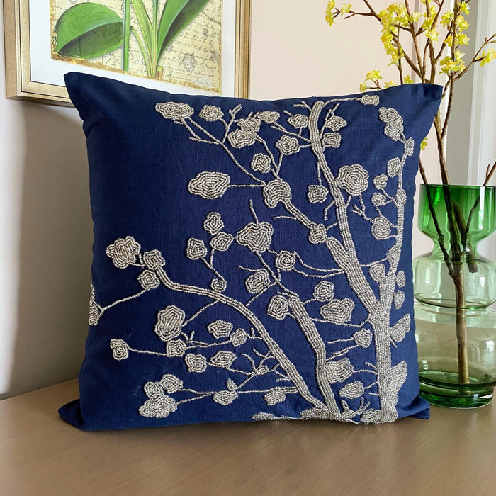 Silver Magnolia - Navy Blue Cotton Linen Decorative Euro Sham