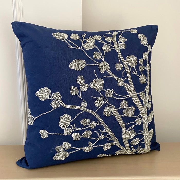 Silver Magnolia - Navy Blue Cotton Linen Decorative Euro Sham