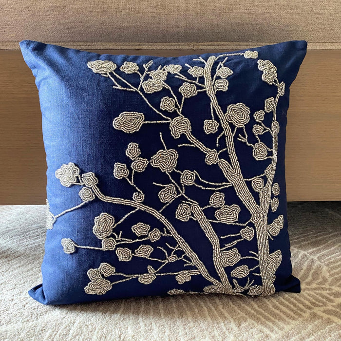 Silver Magnolia - Navy Blue Cotton Linen Decorative Euro Sham