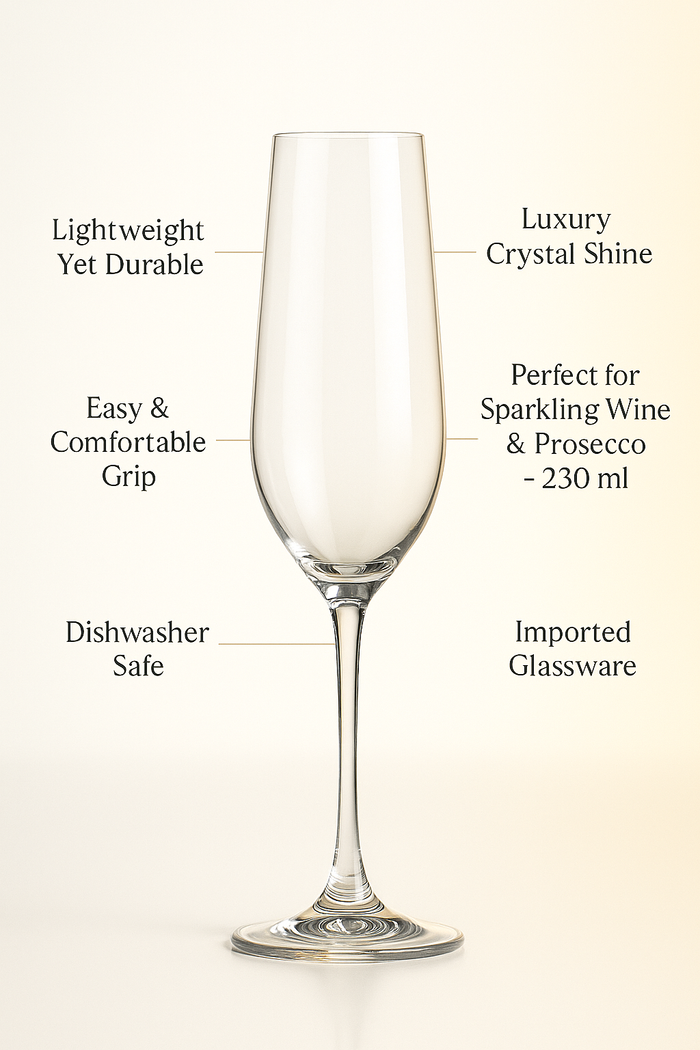 smart "serve" Crystal Champagne Glass Set of 6 – 230 ml Thin Rim Lead-Free Long Stem Flutes – Elegant Premium Glassware for Sparkling Wine, Prosecco, Toasts, Parties, Weddings & Celebrations, Imported
