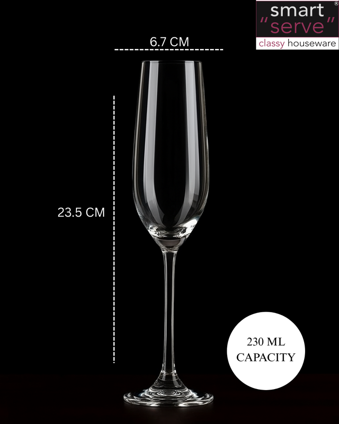 smart "serve" Crystal Champagne Glass Set of 6 – 230 ml Thin Rim Lead-Free Long Stem Flutes – Elegant Premium Glassware for Sparkling Wine, Prosecco, Toasts, Parties, Weddings & Celebrations, Imported