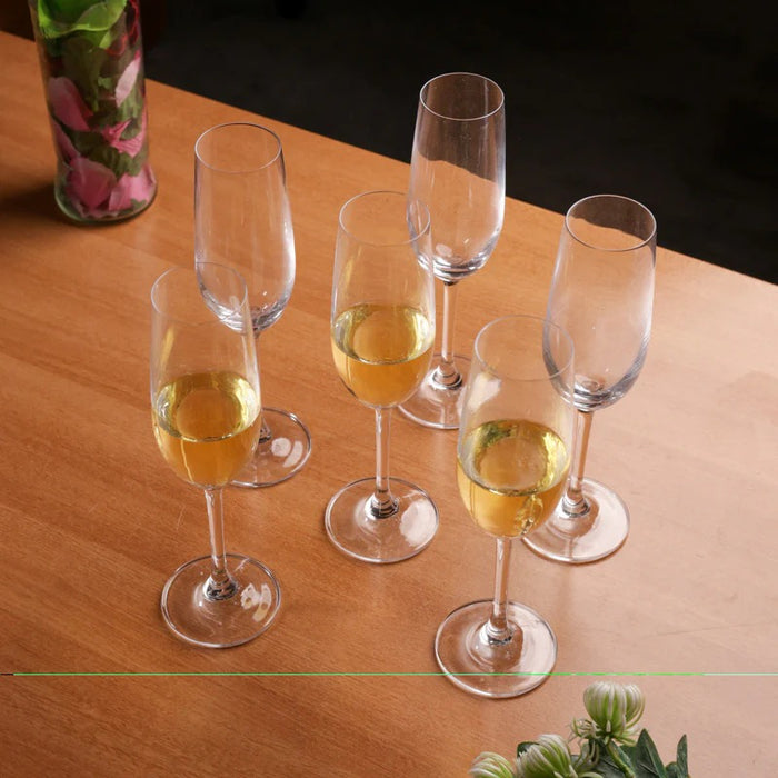 smart "serve" Crystal Champagne Glass Set of 6 – 230 ml Thin Rim Lead-Free Long Stem Flutes – Elegant Premium Glassware for Sparkling Wine, Prosecco, Toasts, Parties, Weddings & Celebrations, Imported