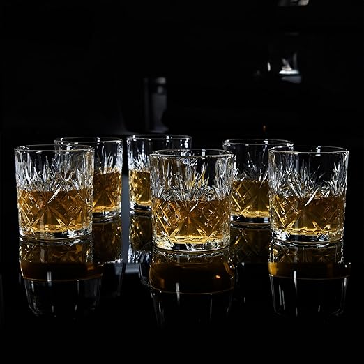 smart "serve" Diamond Cut Whiskey Glasses 340ml, Set of 6, Perfect Bar Glasses for Drinking Whisky, Bourbon, Scotch, Cocktails, Cognac- Old Fashioned Cocktail Tumblers, Classic Cut Design.