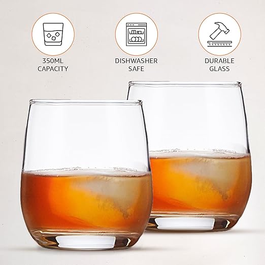smart "serve" Oval Whiskey Glasses Set of 6 – 350ml Crystal Clear Tumblers for Whisky, Bourbon, Scotch, Cocktails & Drinks | Thick Durable Bar Glass Set for Home, Bar & Gifting