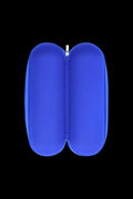 Top-down view of the Padded Hard Shell Case - Large in bright blue, open to show its twin rounded padded compartments against a black background.
