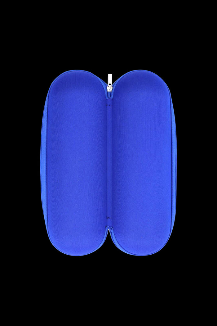 Top-down view of the Padded Hard Shell Case - Large in bright blue, open to show its twin rounded padded compartments against a black background.