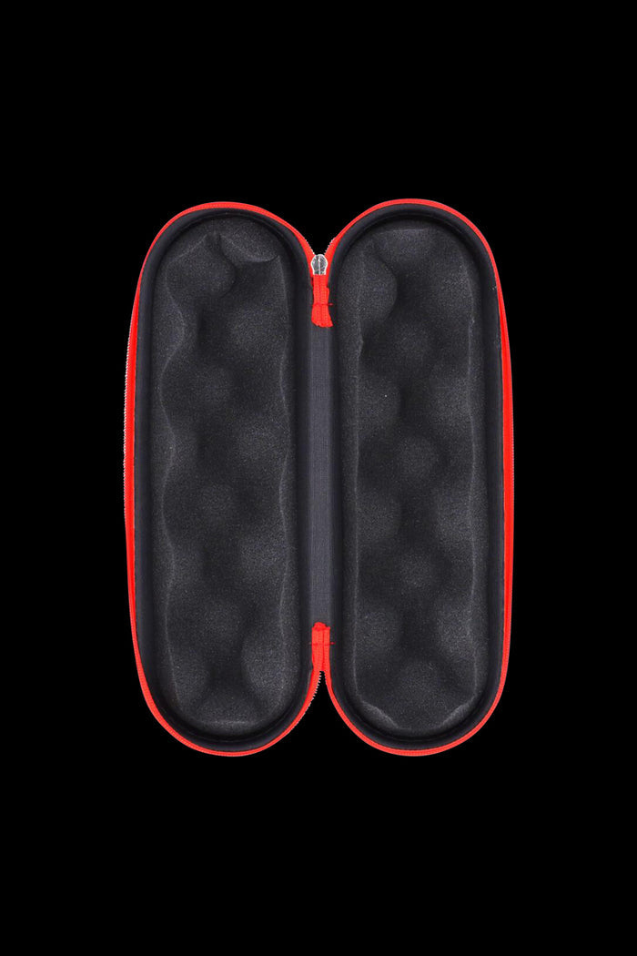 Top-down view of the open Padded Hard Shell Case - Large showing black egg-crate foam interiors and a red zippered shell against a black background