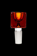 Front view of the Blue Square Glass Bowl showing a translucent amber-tinted square cup and frosted stem against a black background