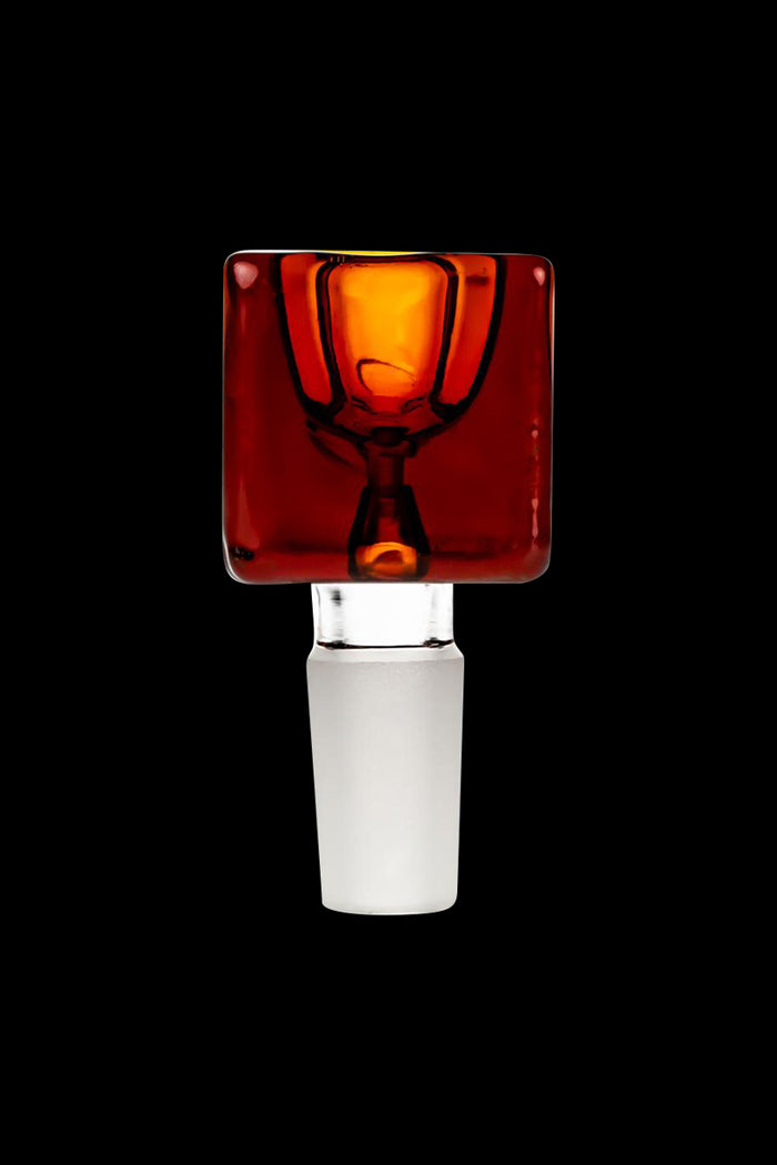 Front view of the Blue Square Glass Bowl showing a translucent amber-tinted square cup and frosted stem against a black background