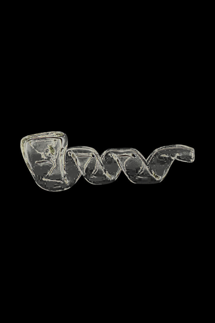 A close-up view of the Twisted Glass Hand Pipe, displaying the curved glass form against a dark backdrop.