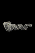 A close-up view of the Twisted Glass Hand Pipe, displaying the curved glass form against a dark backdrop.