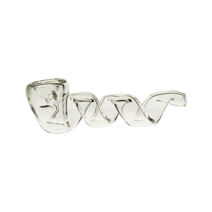 A side view of the Twisted Glass Hand Pipe, featuring a curved, clear glass design against a plain white background.