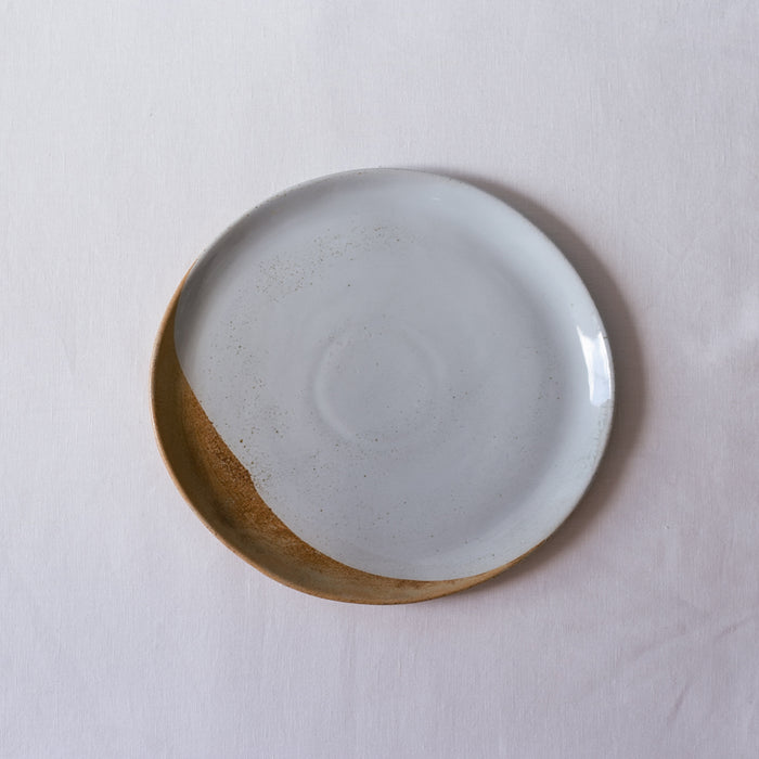 Bird's-eye view of a handmade soda fired dinner plate By Palinopsia Ceramics