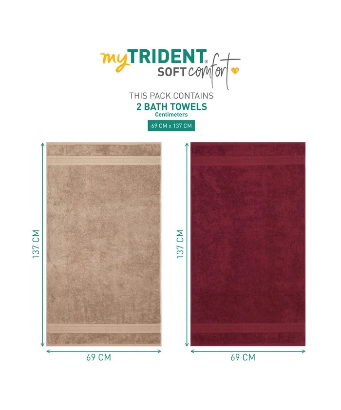 Soft Comfort 2 Pc Bath Towel, Acorn & Wine Red| 509 GSM Cotton|Air Rich Technology
