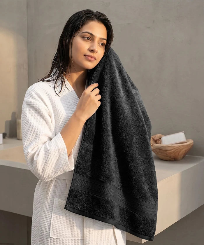 Soft Comfort 2Pc Bath Towel Set, Black|509 GSM Cotton|Air Rich Technology