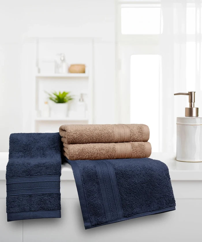Soft Comfort 4 Pc Hand Towel, Acorn & Navy| 509 GSM Cotton|Air Rich Technology