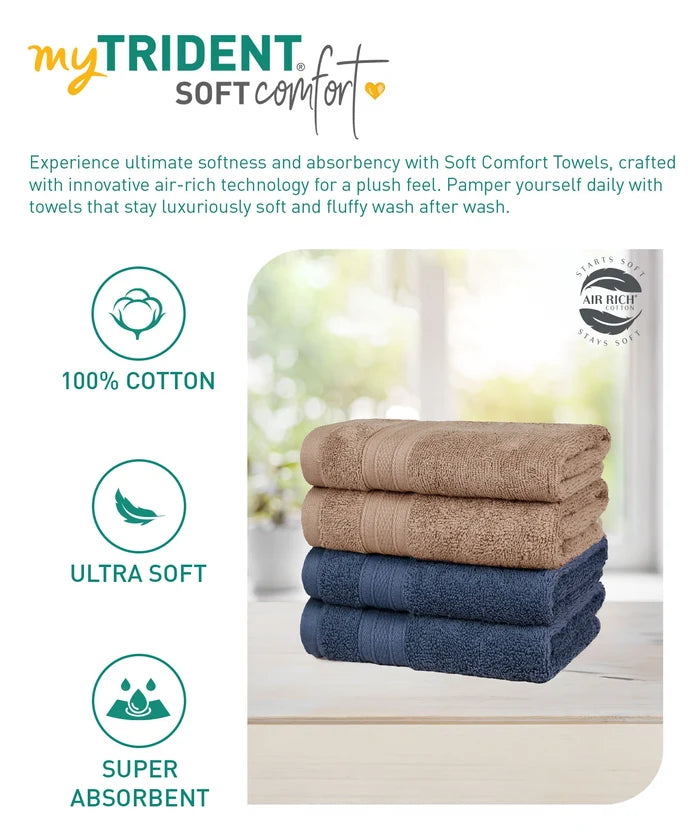 Soft Comfort 4 Pc Hand Towel, Acorn & Navy| 509 GSM Cotton|Air Rich Technology