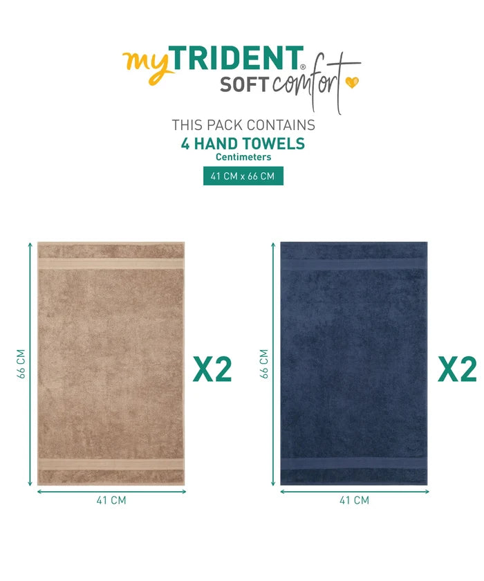 Soft Comfort 4 Pc Hand Towel, Acorn & Navy| 509 GSM Cotton|Air Rich Technology