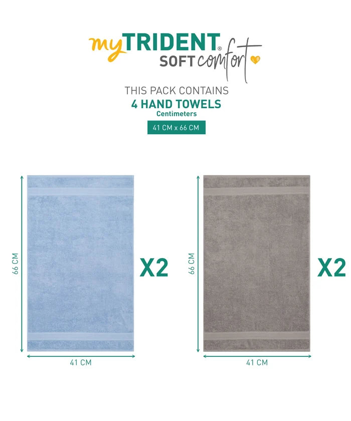 Soft Comfort 4 Pc Hand Towel, Charcoal & Allure| 509 GSM Cotton|Air Rich Technology