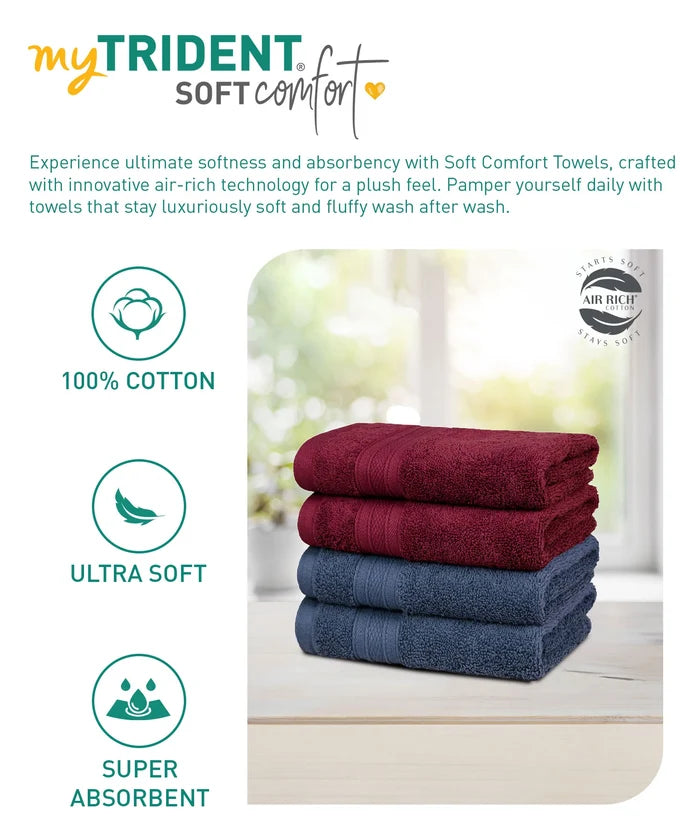 Soft Comfort 4 Pc Hand Towel, Wine Red & Navy| 509 GSM Cotton|Air Rich Technology