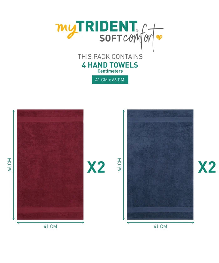 Soft Comfort 4 Pc Hand Towel, Wine Red & Navy| 509 GSM Cotton|Air Rich Technology