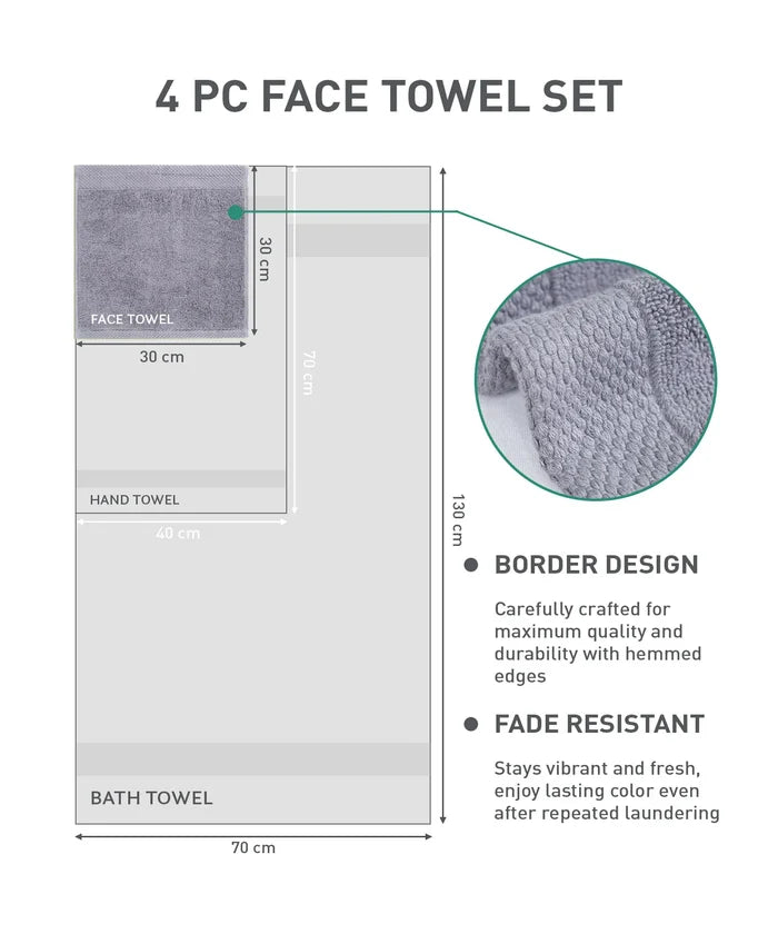 Soft Comfort 4Pc Face Towel Set, Charcoal|600 GSM Cotton|Superior Softness