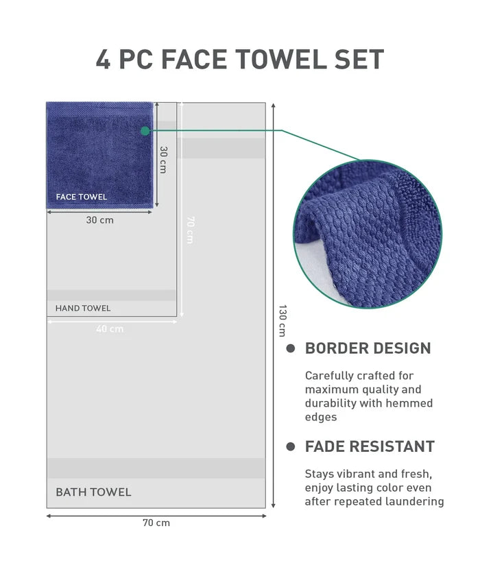 Soft Comfort 4Pc Face Towel Set, New Navy|600 GSM Cotton|Superior Softness