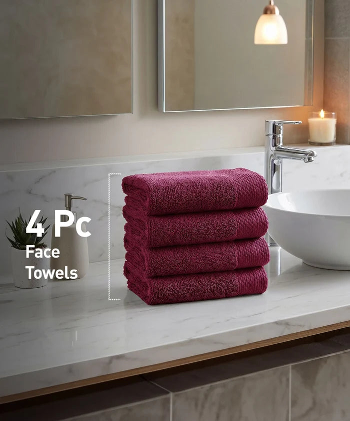 Soft Comfort 4Pc Face Towel Set, Wine Red |600 GSM Cotton|Superior Softness