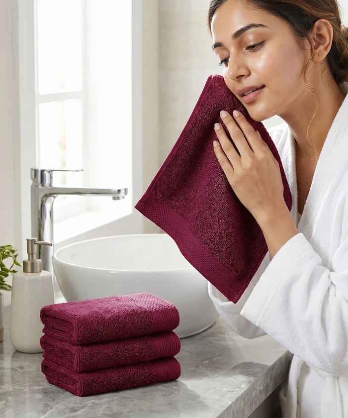 Soft Comfort 4Pc Face Towel Set, Wine Red |600 GSM Cotton|Superior Softness