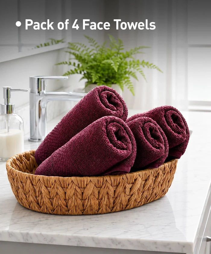 Soft Comfort 4Pc Face Towel Set, Wine Red |600 GSM Cotton|Superior Softness