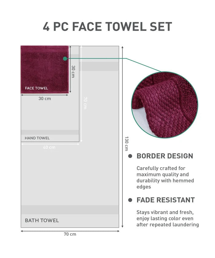 Soft Comfort 4Pc Face Towel Set, Wine Red |600 GSM Cotton|Superior Softness