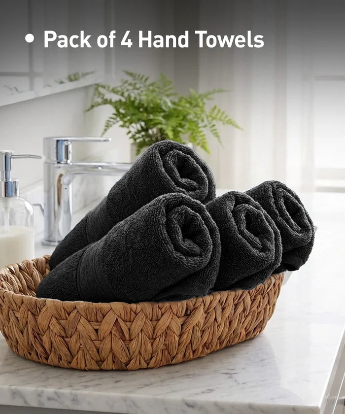 Soft Comfort 4Pc Hand Towel Set, Black|509 GSM Cotton|Air Rich Technology