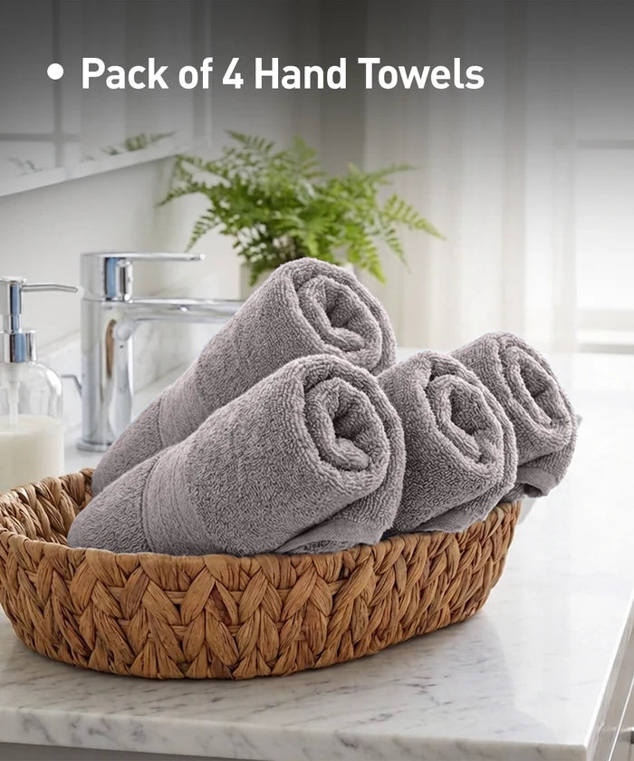 Soft Comfort 4Pc Hand Towel Set, Charcoal|509 GSM Cotton|Air Rich Technology