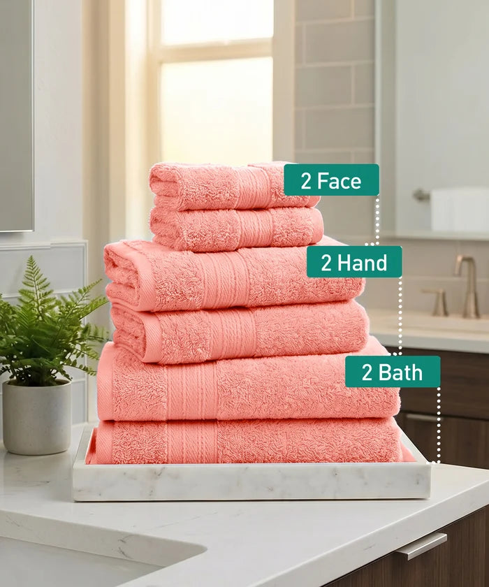 Soft Comfort 6Pc Towel Set, Coral Haze|509 GSM Cotton|Air Rich Technology