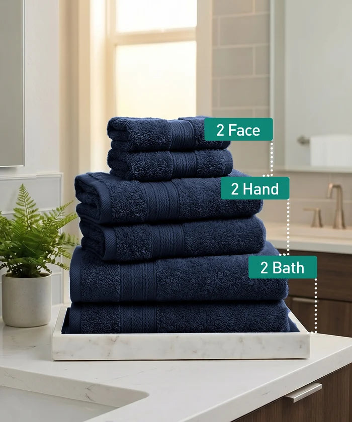 Soft Comfort 6Pc Towel Set, Navy|509 GSM Cotton|Air Rich Technology