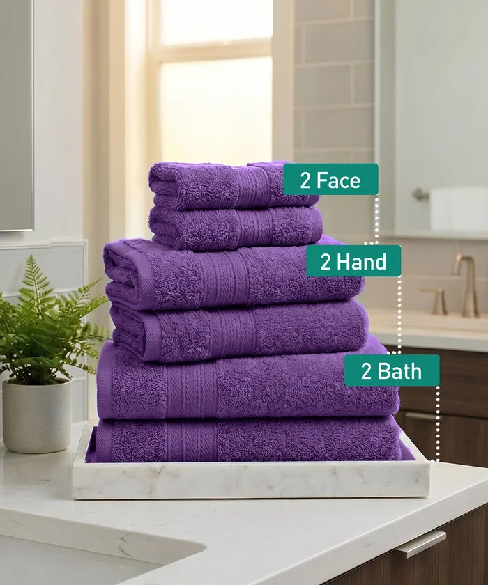 Soft Comfort 6Pc Towel Set, Plum|509 GSM Cotton|Air Rich Technology
