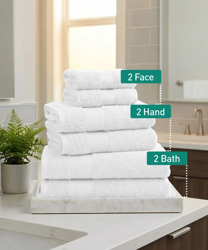 Soft Comfort 6Pc Towel Set, White|509 GSM Cotton|Air Rich Technology