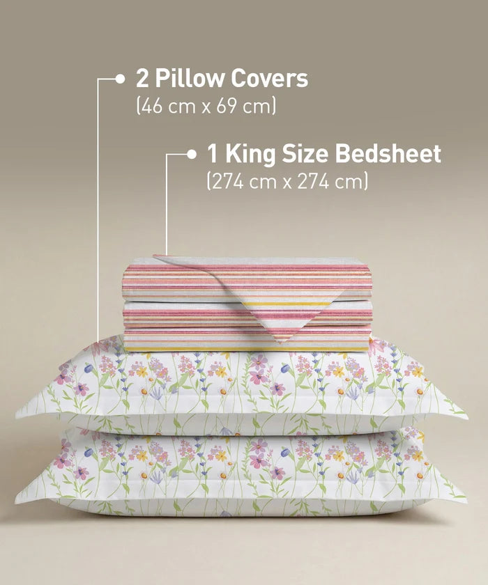 Soft Comfort King Bedsheet Set, Bloom Era | 200 TC Cotton|2 Pillow Covers