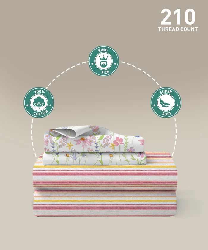 Soft Comfort King Bedsheet Set, Bloom Era | 200 TC Cotton|2 Pillow Covers