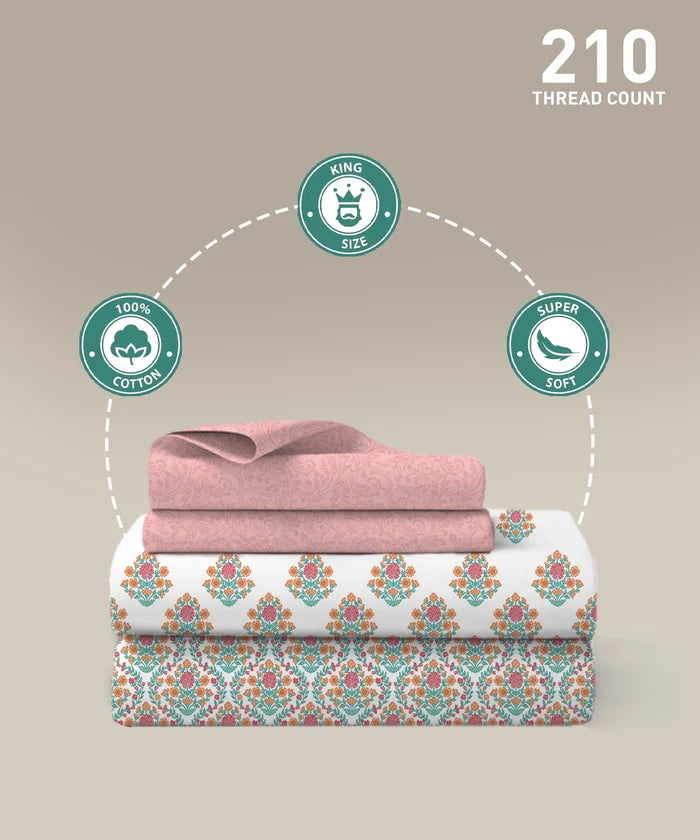 Soft Comfort King Bedsheet Set, Cascade | 200 TC Cotton|2 Pillow Covers