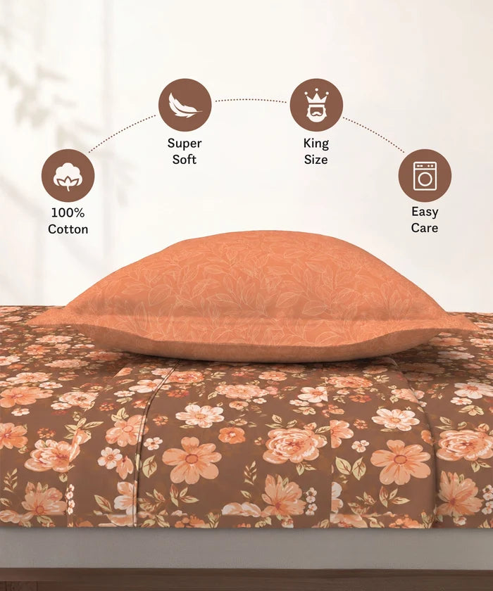 Soft Comfort King Bedsheet Set, CHARLOTTE | 180 TC Cotton|2 Pillow Covers