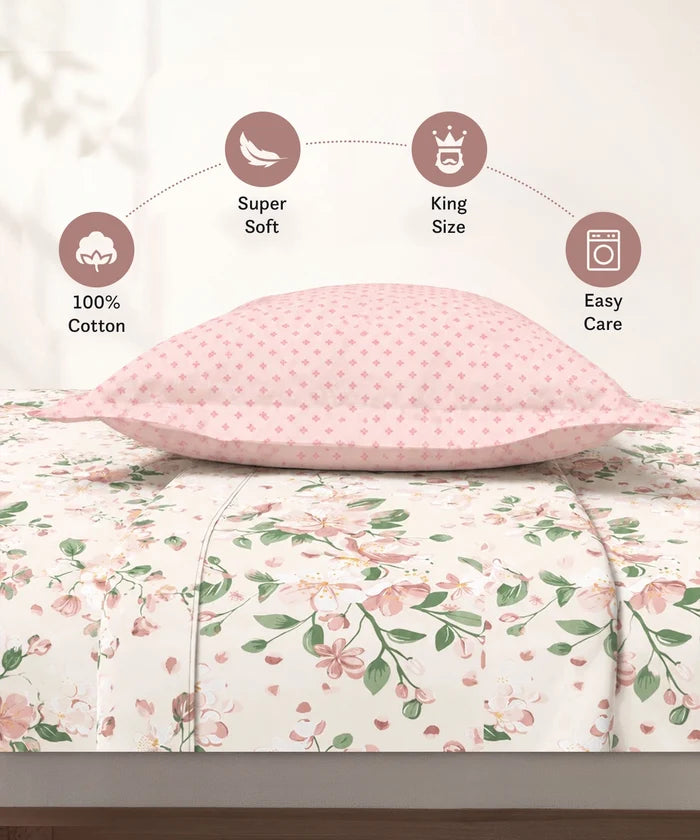 Soft Comfort King Bedsheet Set, DAISY | 180 TC Cotton|2 Pillow Covers