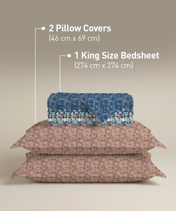 Soft Comfort King Bedsheet Set, Deco Dusk | 200 TC Cotton|2 Pillow Covers