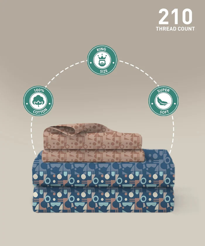 Soft Comfort King Bedsheet Set, Deco Dusk | 200 TC Cotton|2 Pillow Covers