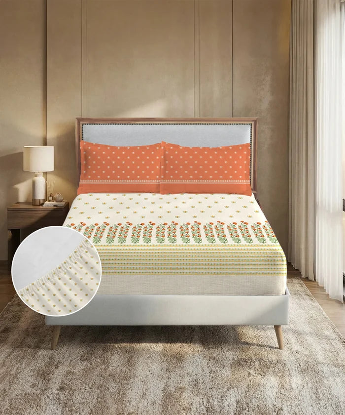Soft Comfort King Fitted Bedsheet Set, Art Age |200TC Cotton|2 Pillow Covers