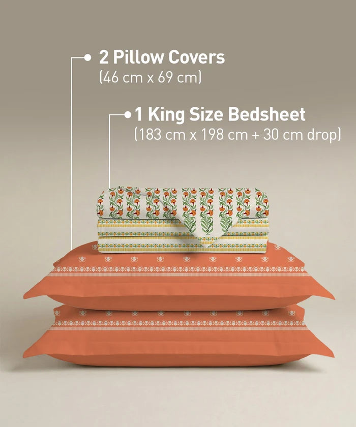 Soft Comfort King Fitted Bedsheet Set, Art Age |200TC Cotton|2 Pillow Covers